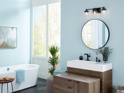 Baby Blue Bathroom Vanity with Light Fixtures